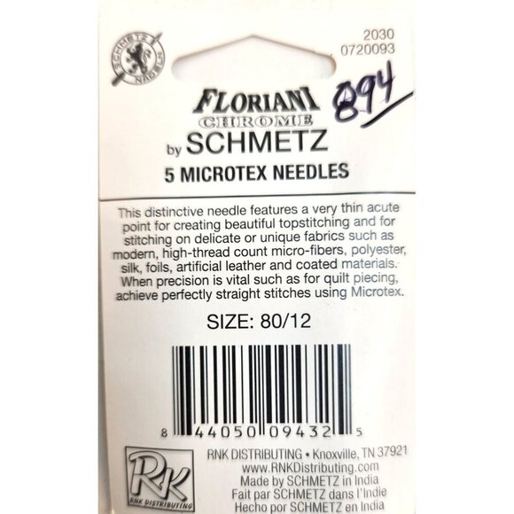 Floriani Chrome By Schmetz 5 Microtex Needles Size 80/12 Sewing & Quilting Suppl - Picture 5 of 5